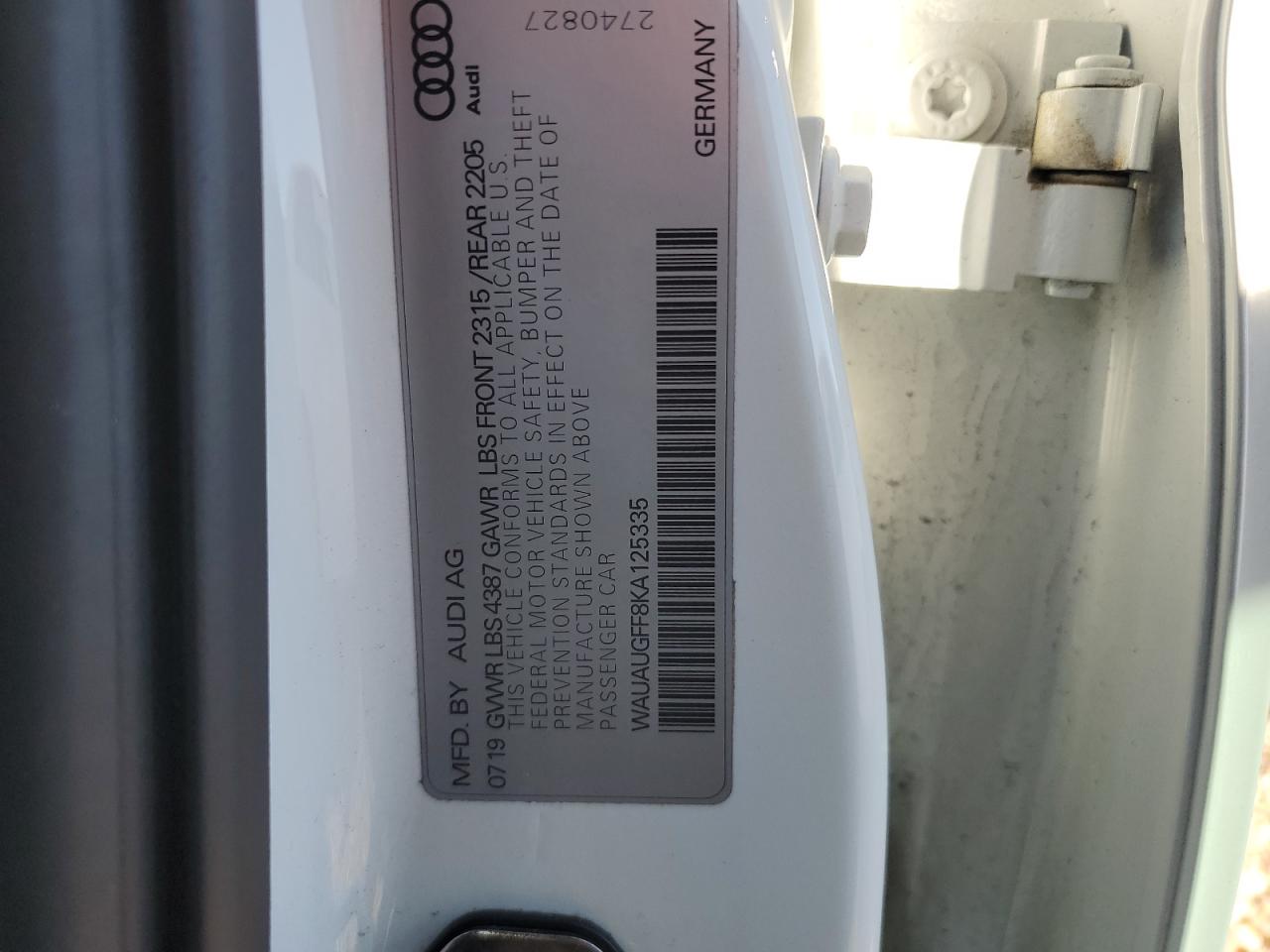 2019 Audi A3 Premium VIN: WAUAUGFF8KA125335 Lot: 42889864