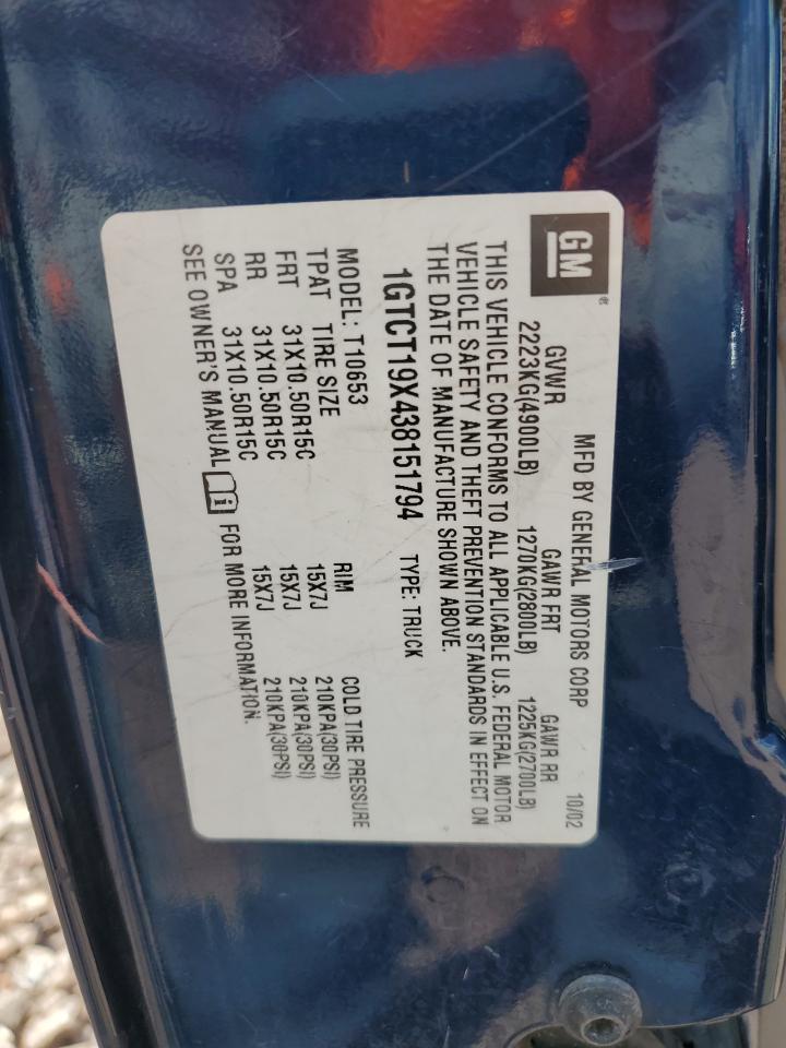 2003 GMC Sonoma VIN: 1GTCT19X438151794 Lot: 44957734