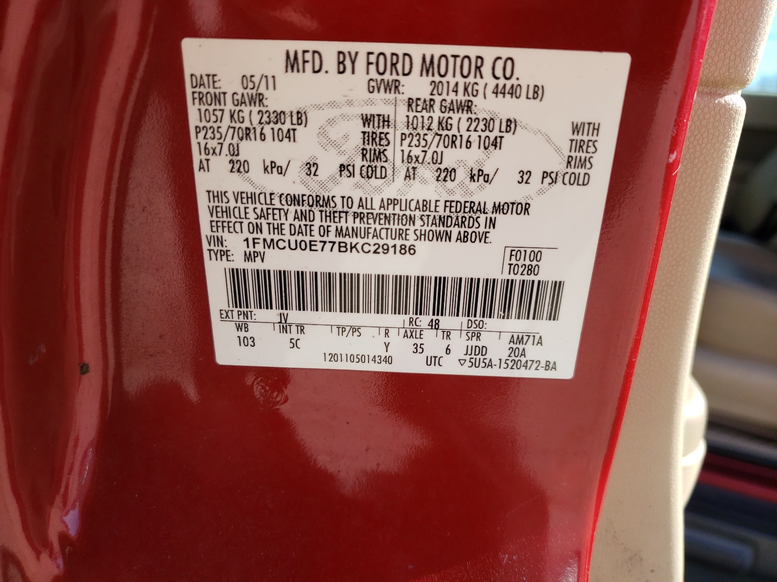 1FMCU0E77BKC29186 2011 Ford Escape Limited