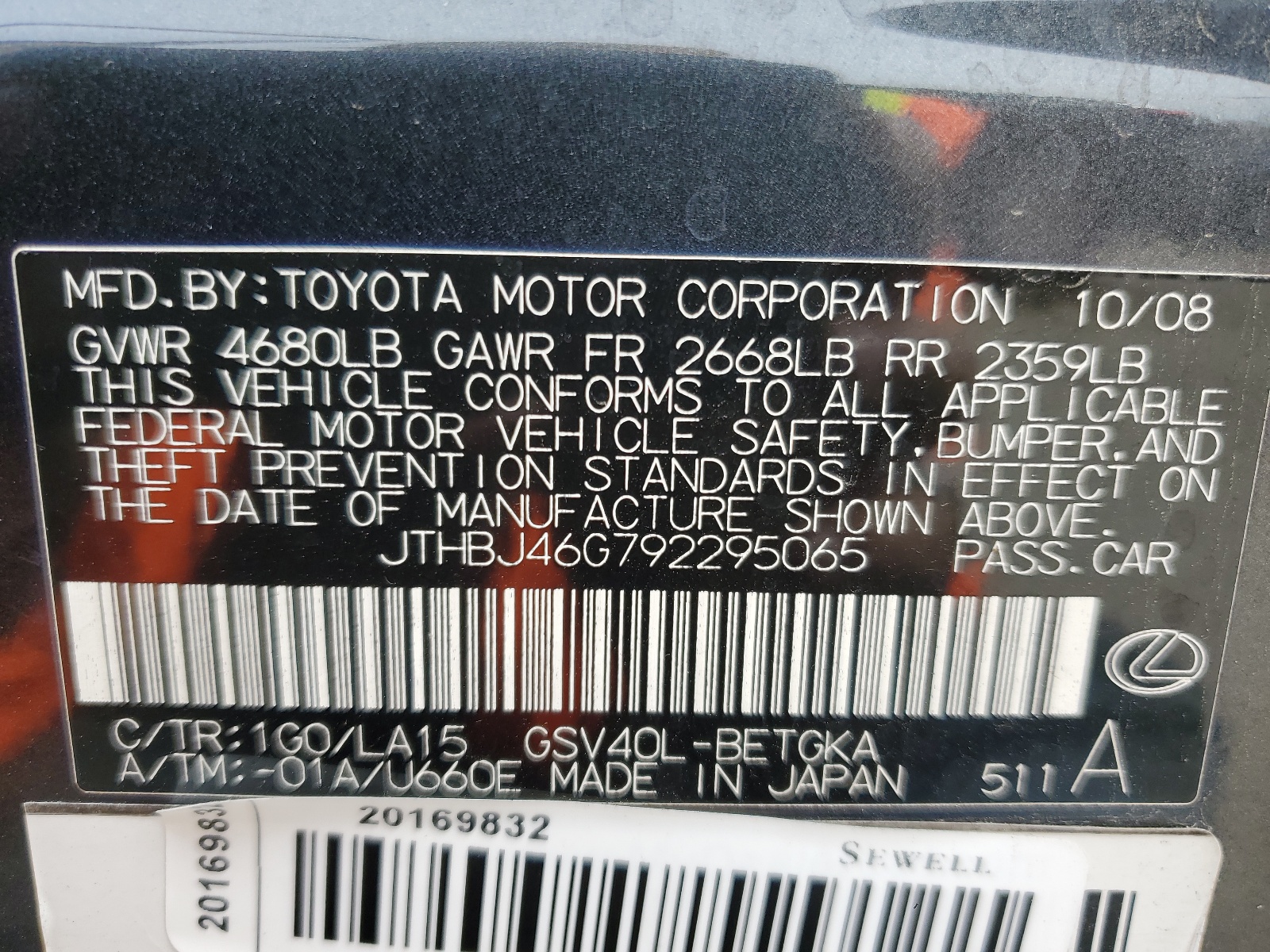 JTHBJ46G792295065 2009 Lexus Es 350