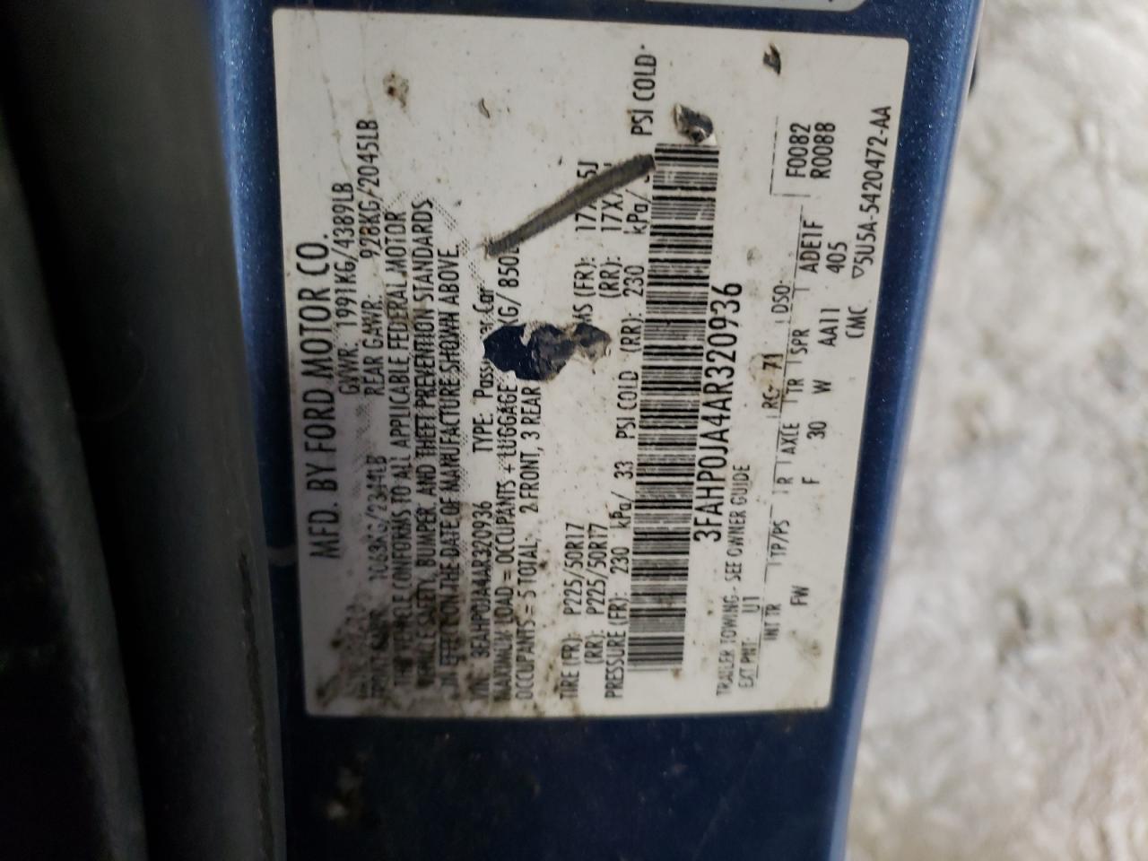 2010 Ford Fusion Sel VIN: 3FAHP0JA4AR320936 Lot: 41992284