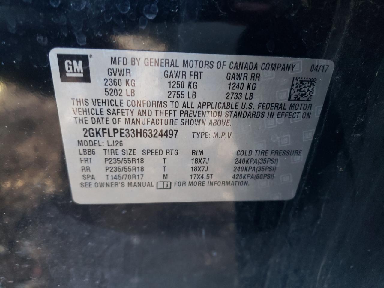 2GKFLPE33H6324497 2017 GMC Terrain Slt