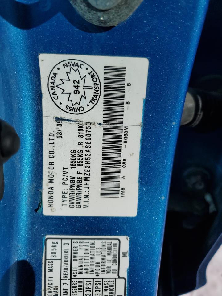 2010 Honda Insight Lx VIN: JHMZE2H53AS800753 Lot: 42283664