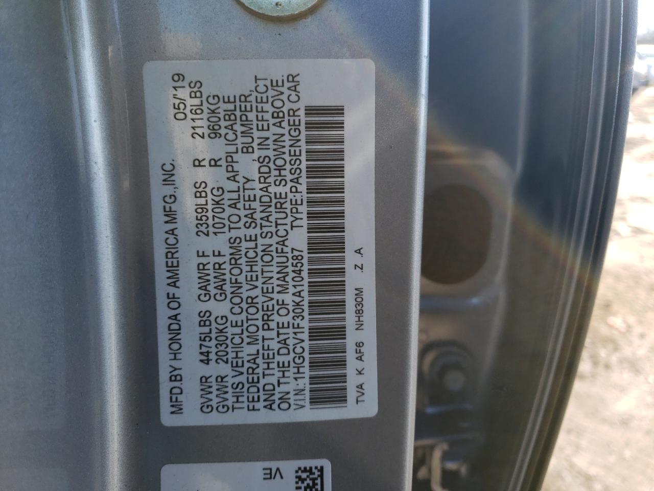 1HGCV1F30KA104587 2019 Honda Accord Sport