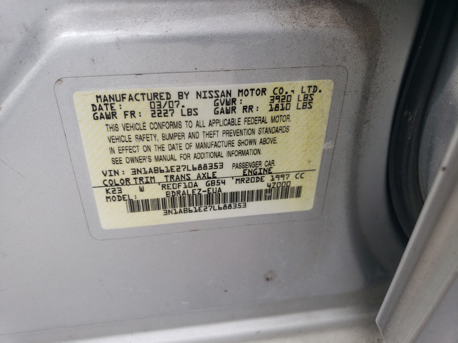 3N1AB61E27L688353 2007 Nissan Sentra 2.0