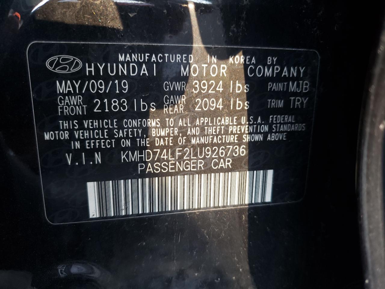 2020 Hyundai Elantra Se VIN: KMHD74LF2LU926736 Lot: 42211984