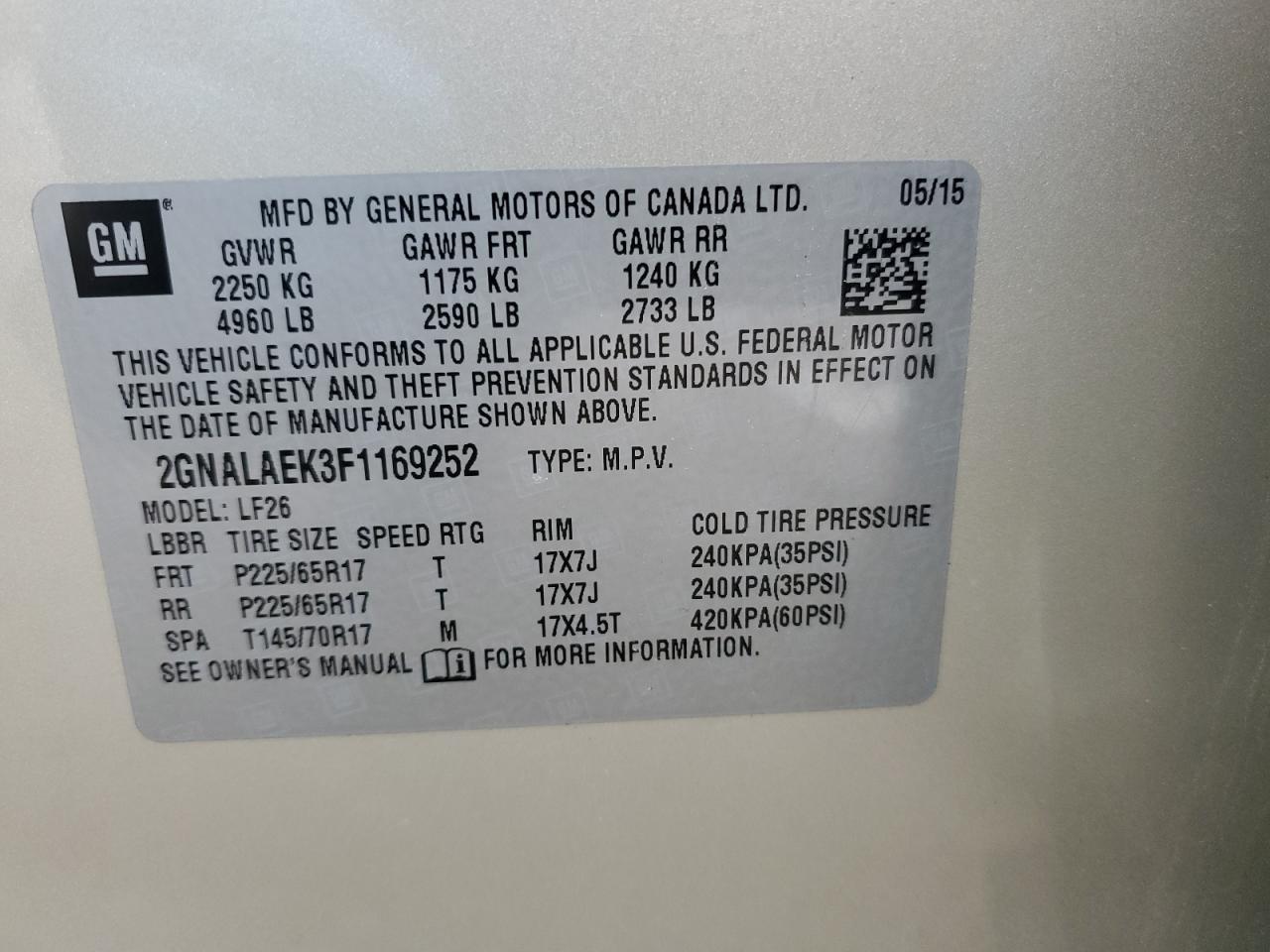 2GNALAEK3F1169252 2015 Chevrolet Equinox Ls