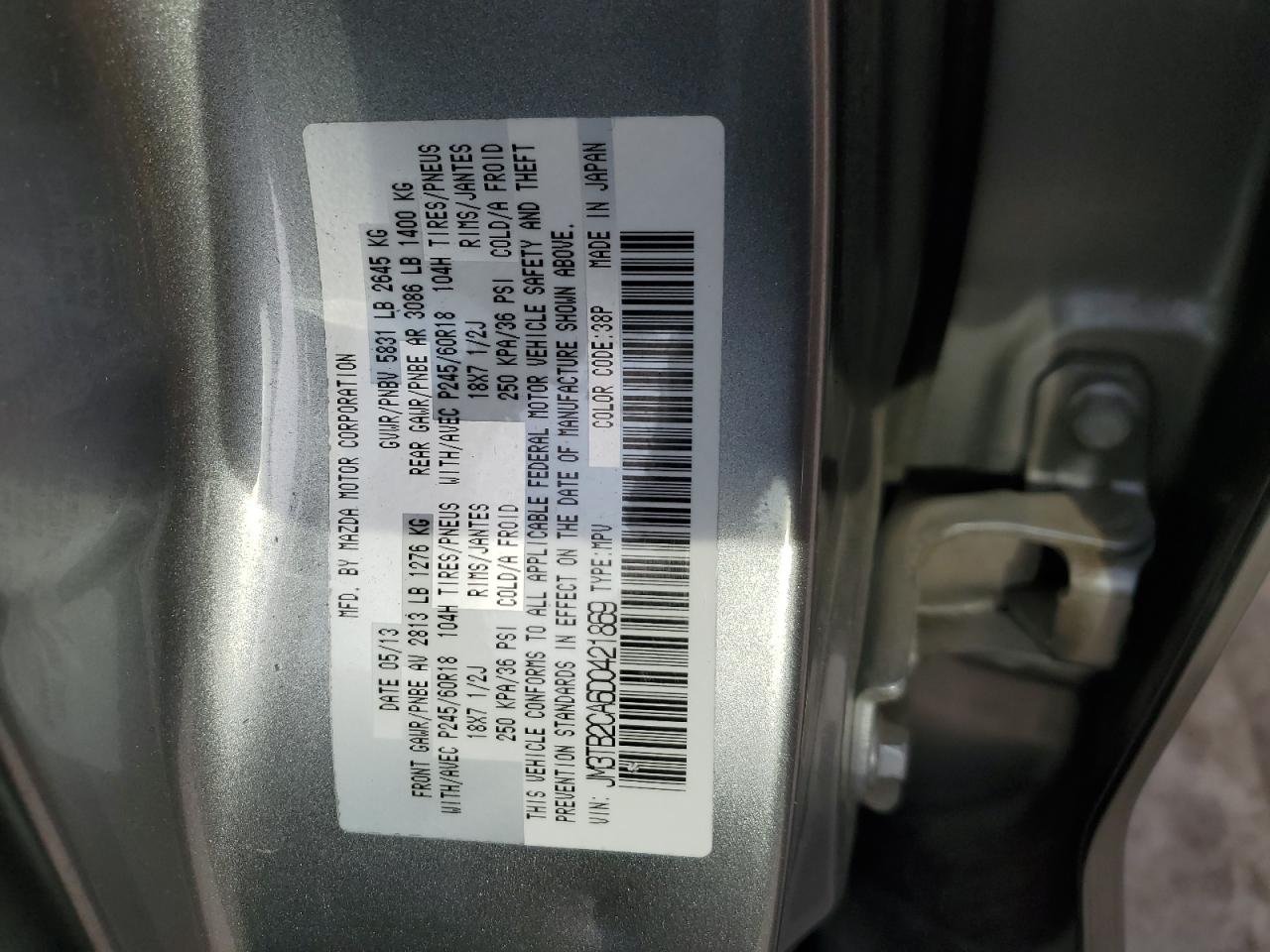 2013 Mazda Cx-9 Touring VIN: JM3TB2CA6D0421869 Lot: 44241324