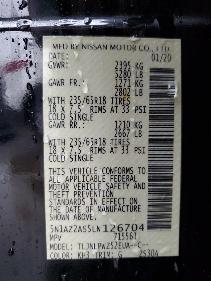 2020 Nissan Murano S VIN: 5N1AZ2AS5LN126704 Lot: 65374314