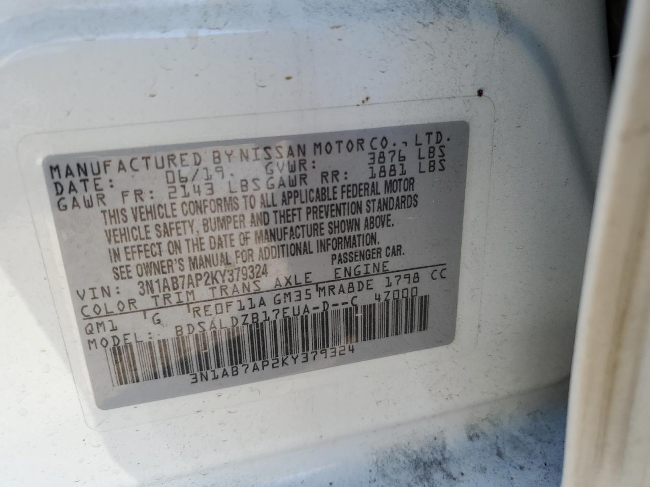 3N1AB7AP2KY379324 2019 Nissan Sentra S