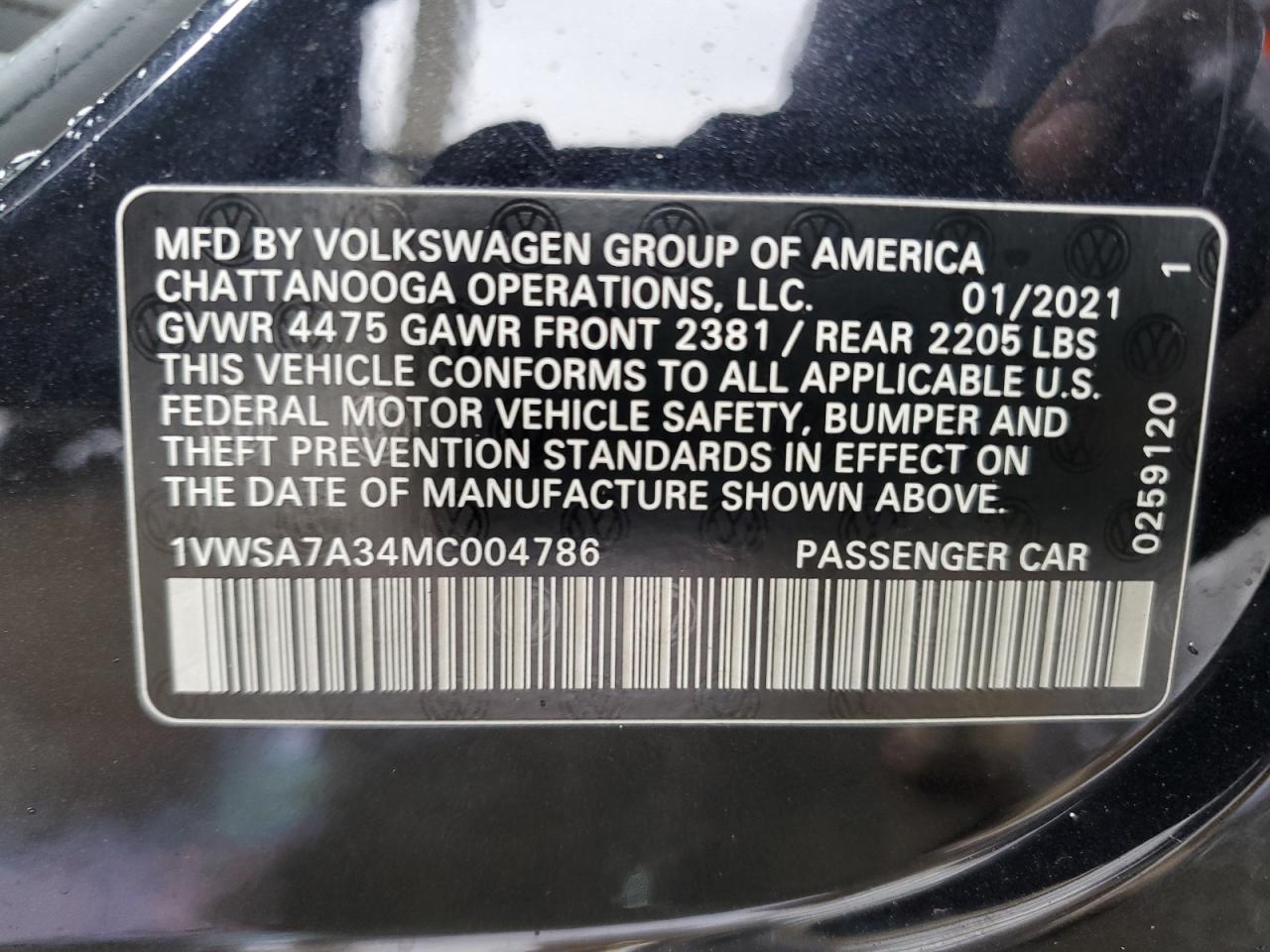 2021 Volkswagen Passat Se vin: 1VWSA7A34MC004786