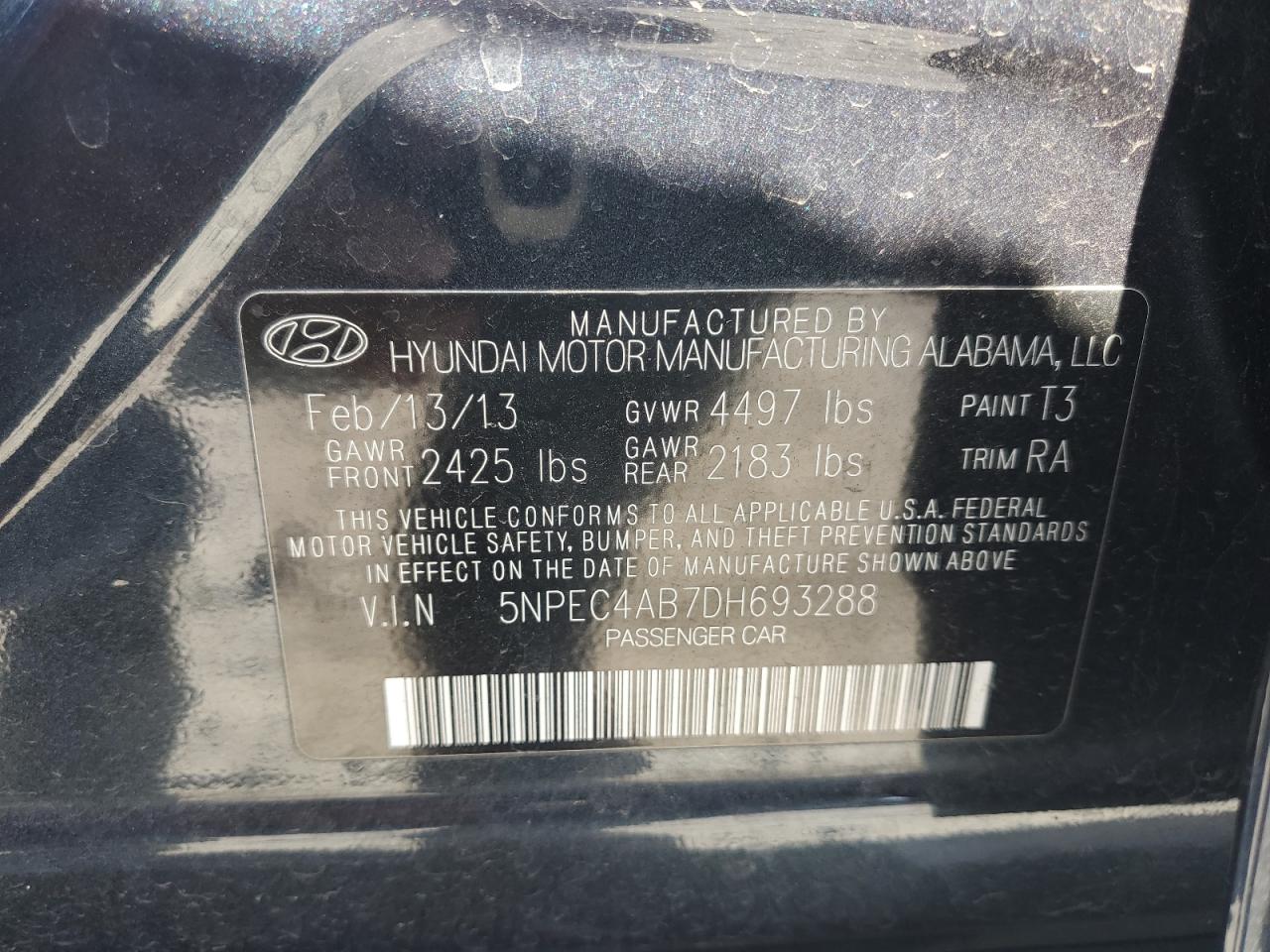 2013 Hyundai Sonata Se VIN: 5NPEC4AB7DH693288 Lot: 43066534