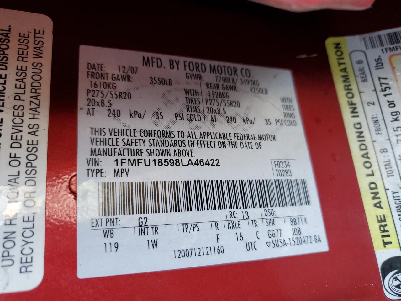 2008 Ford Expedition Eddie Bauer VIN: 1FMFU18598LA46422 Lot: 44024104