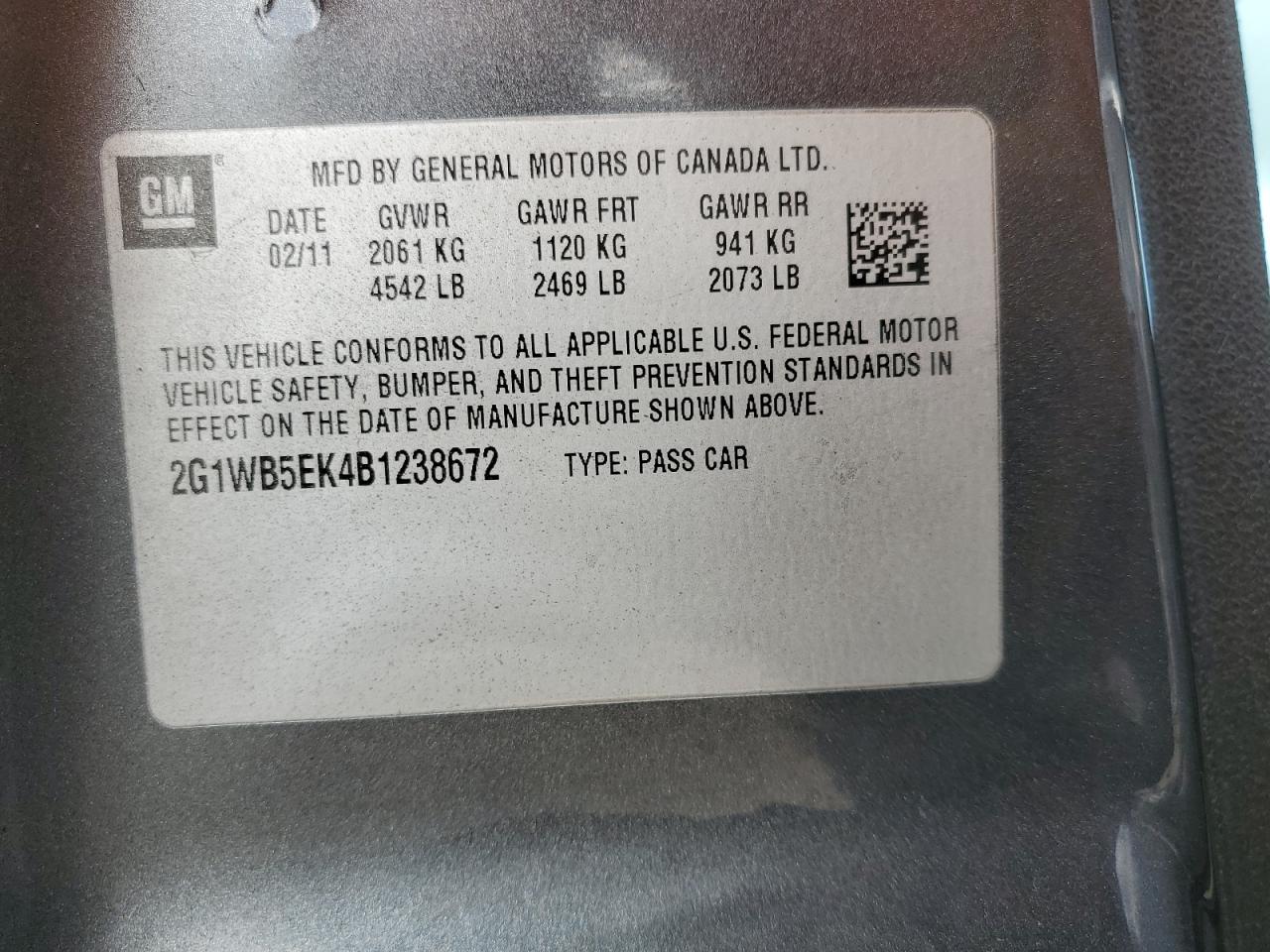 2011 Chevrolet Impala Lt VIN: 2G1WB5EK4B1238672 Lot: 42246364