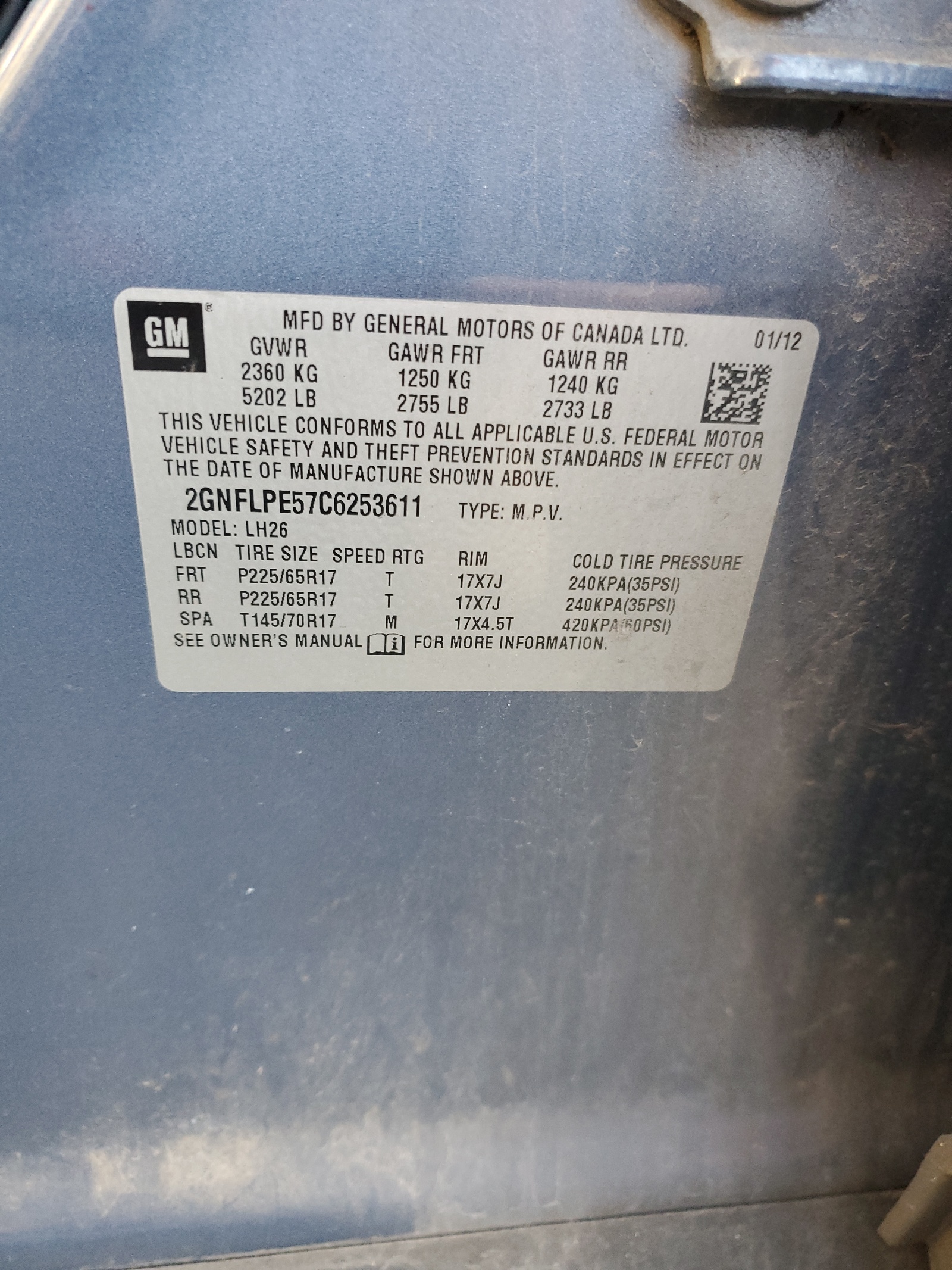 2GNFLPE57C6253611 2012 Chevrolet Equinox Lt