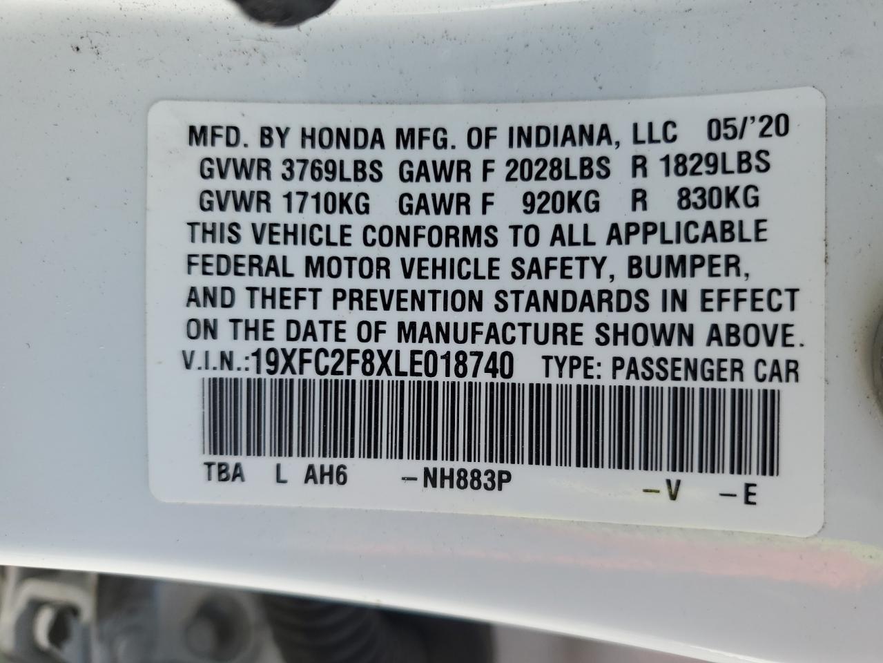 2020 Honda Civic Sport VIN: 19XFC2F8XLE018740 Lot: 44071454