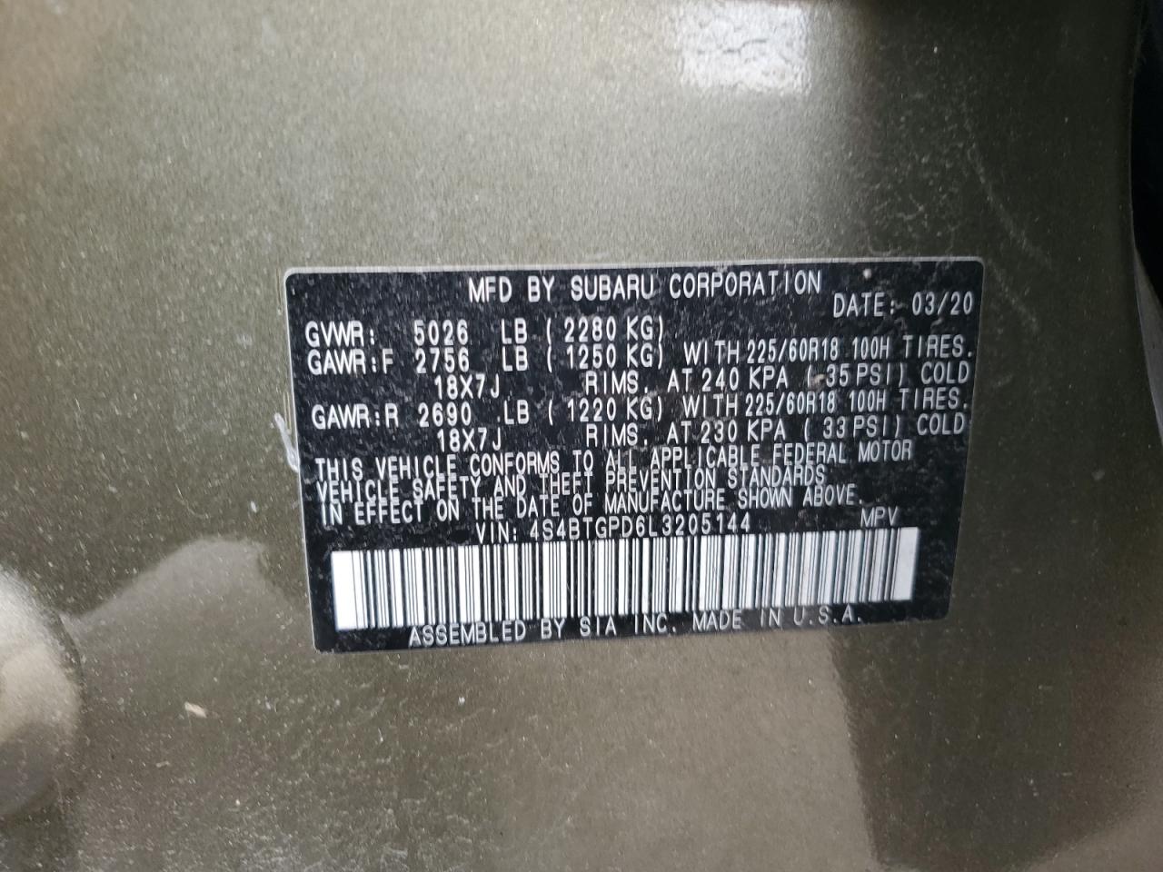 2020 Subaru Outback Touring Ldl VIN: 4S4BTGPD6L3205144 Lot: 41884864