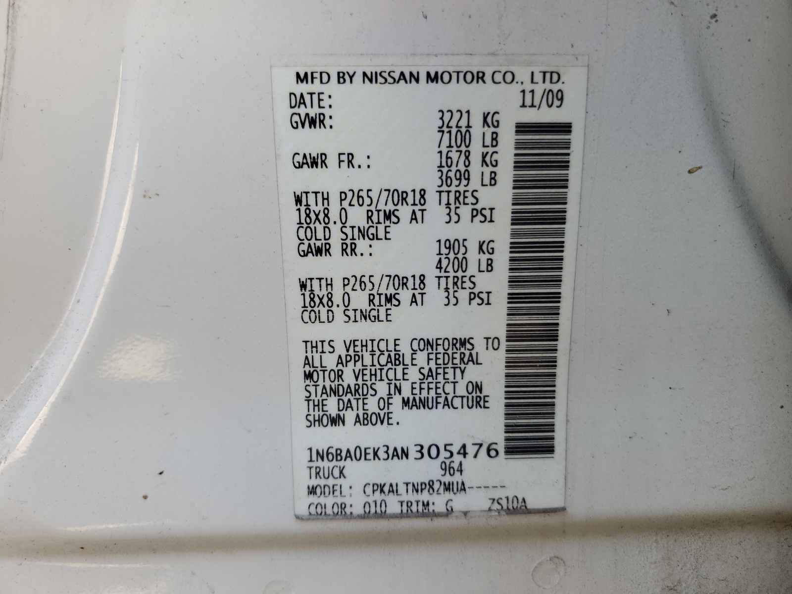 1N6BA0EK3AN305476 2010 Nissan Titan Xe