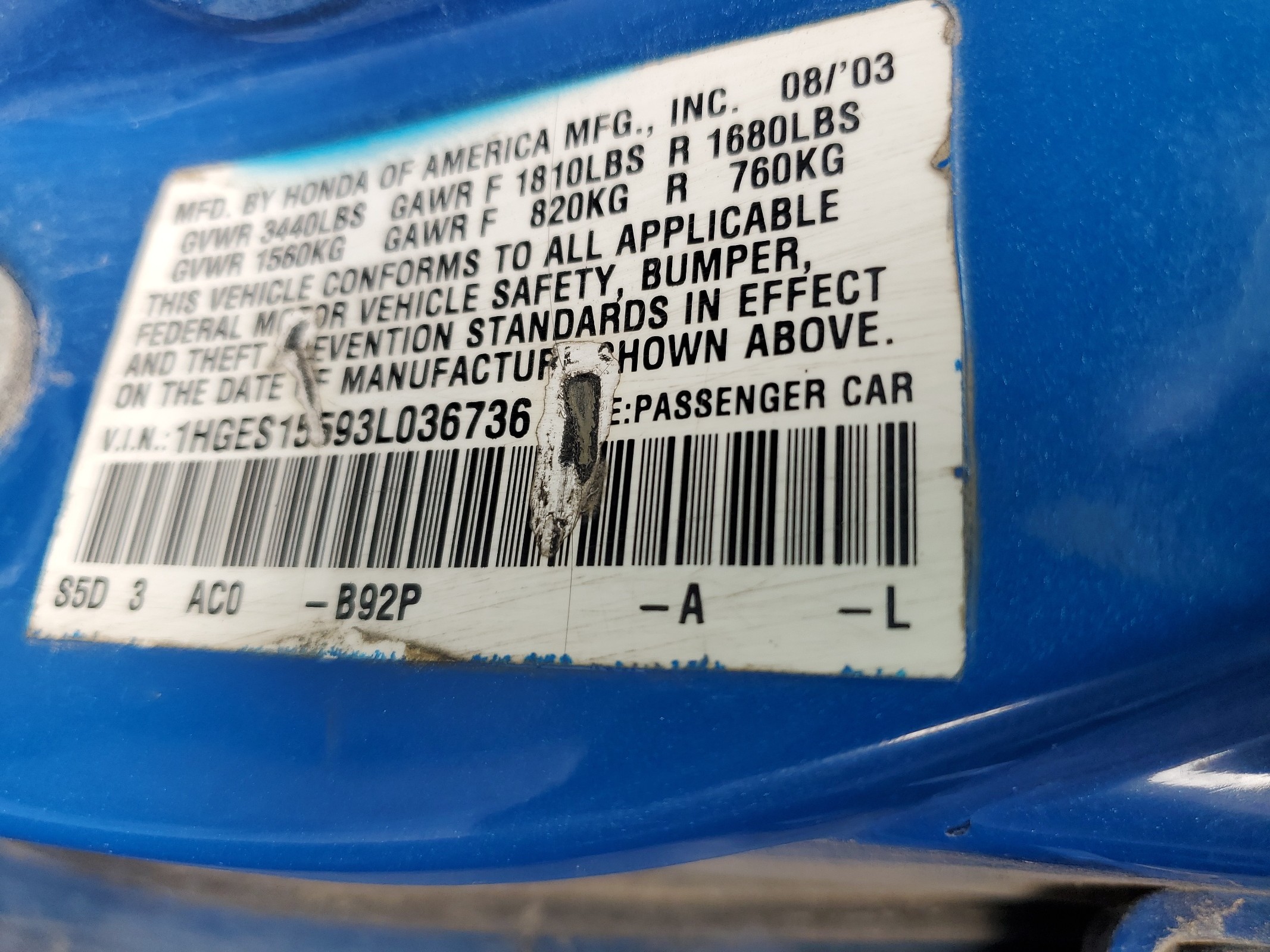 1HGES15593L036736 2003 Honda Civic Lx