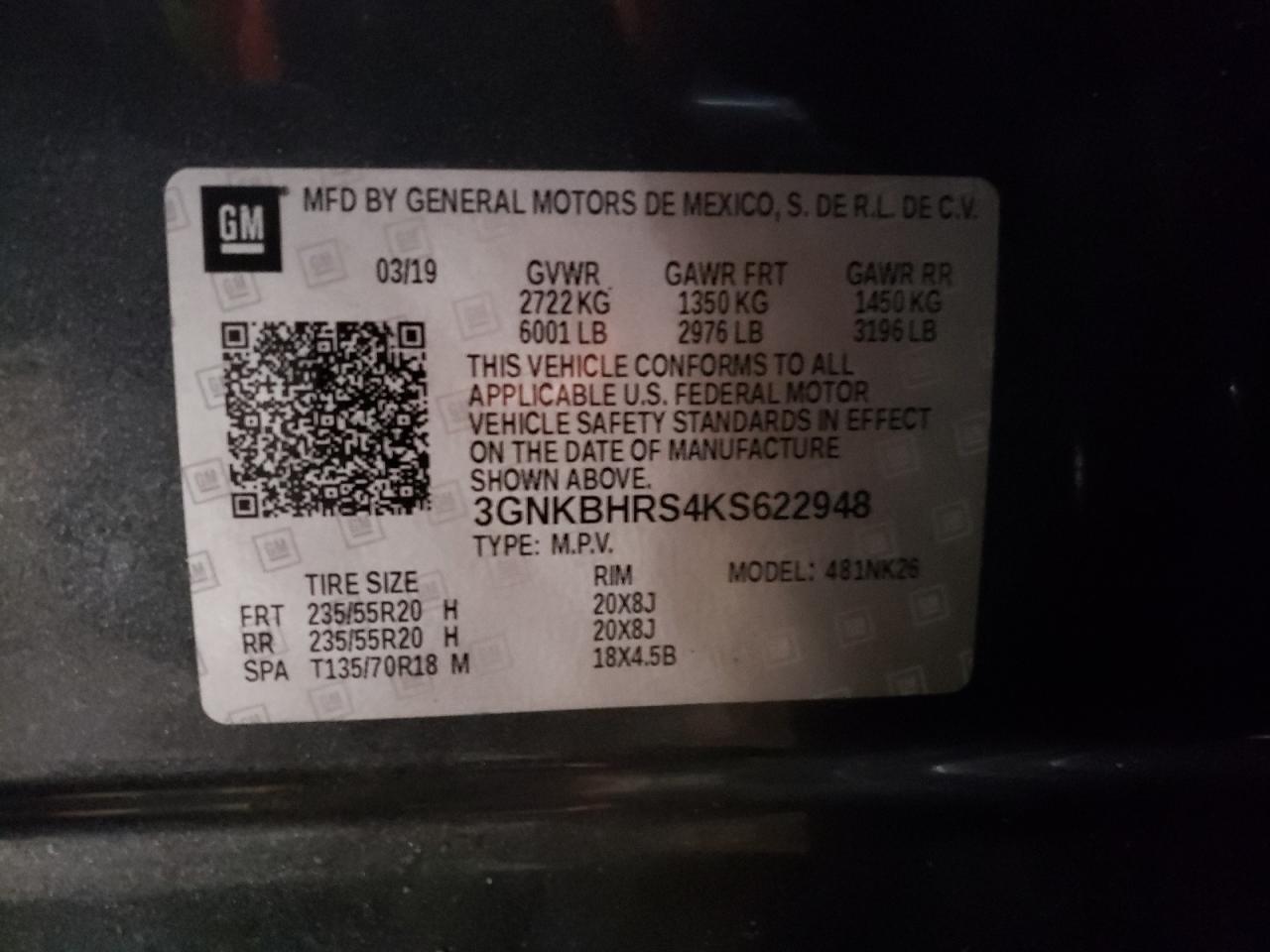 3GNKBHRS4KS622948 CHEVROLET BLAZER 2019