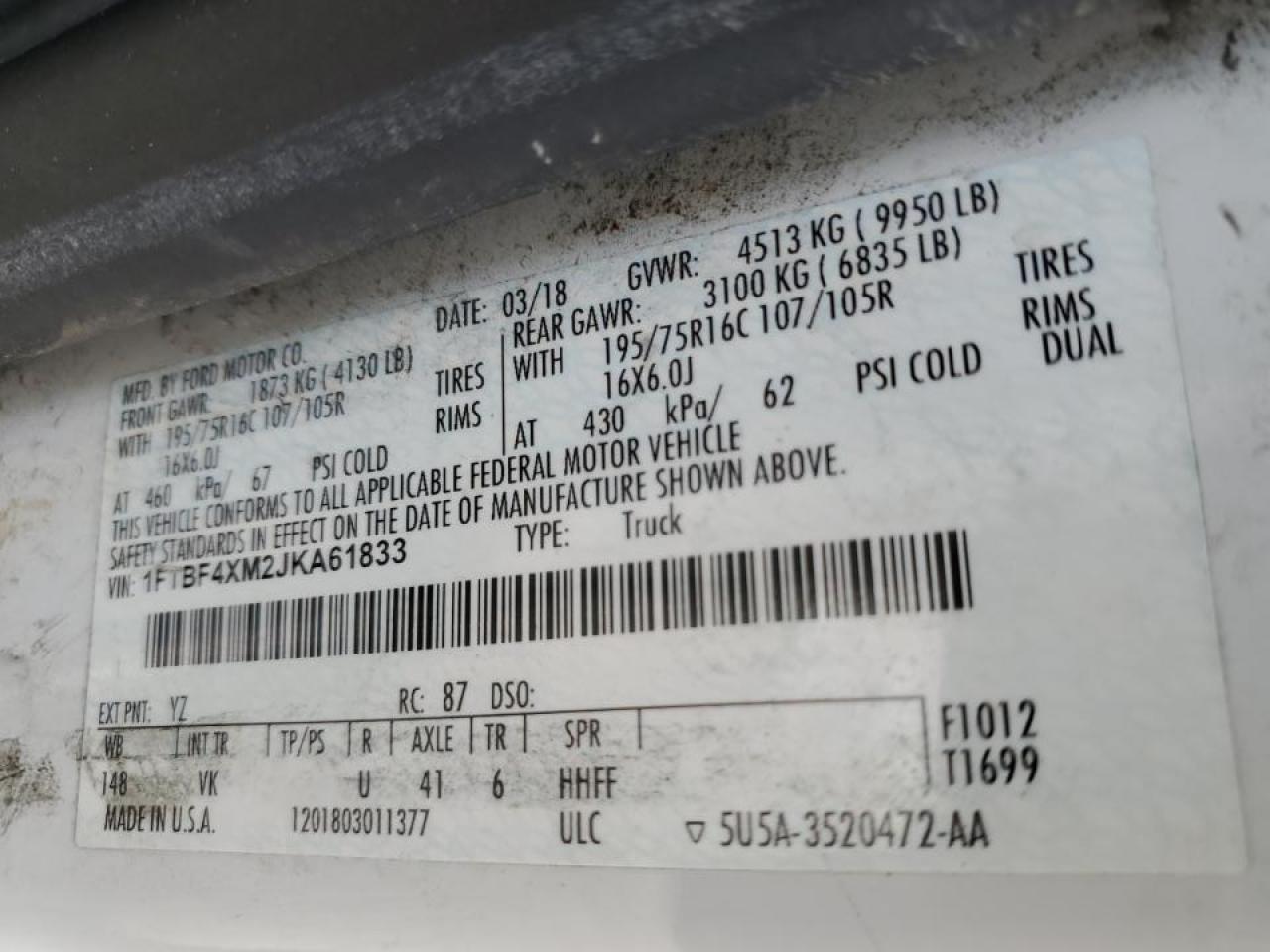 1FTBF4XM2JKA61833 FORD TRANSIT 2018