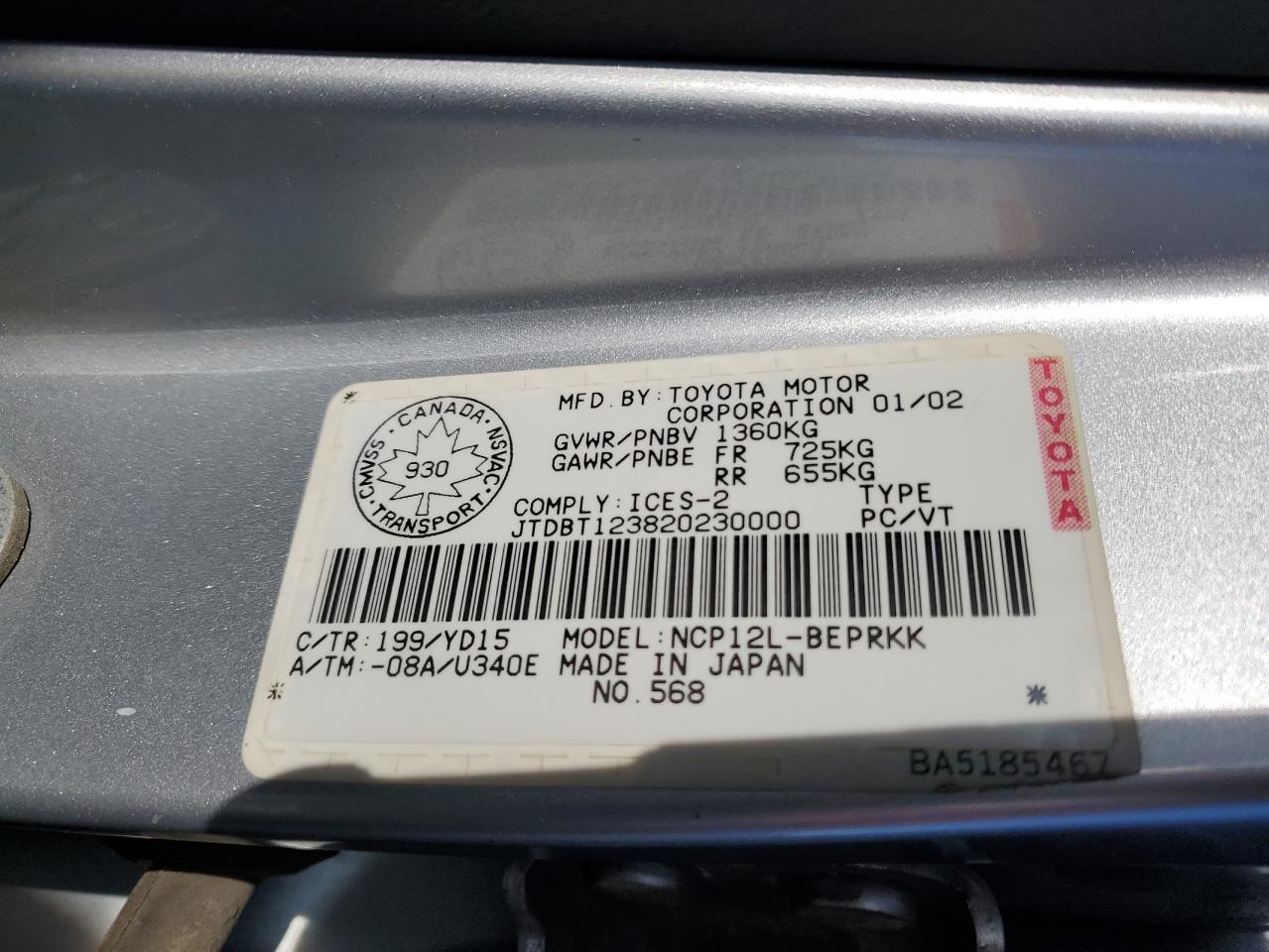 2002 Toyota Echo VIN: JTDBT123820230000 Lot: 46672405