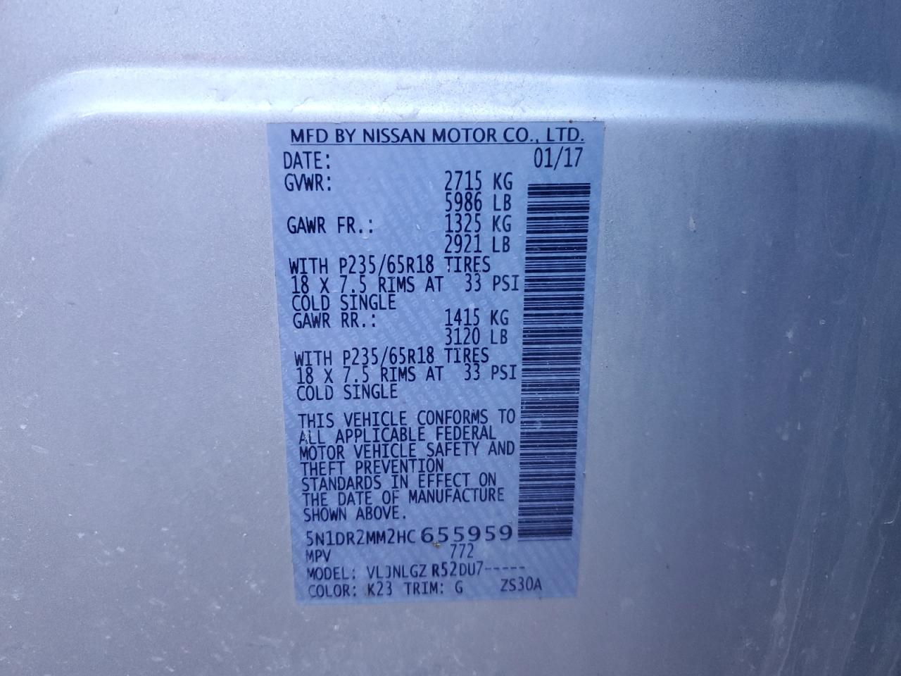5N1DR2MM2HC655959 NISSAN PATHFINDER 2017