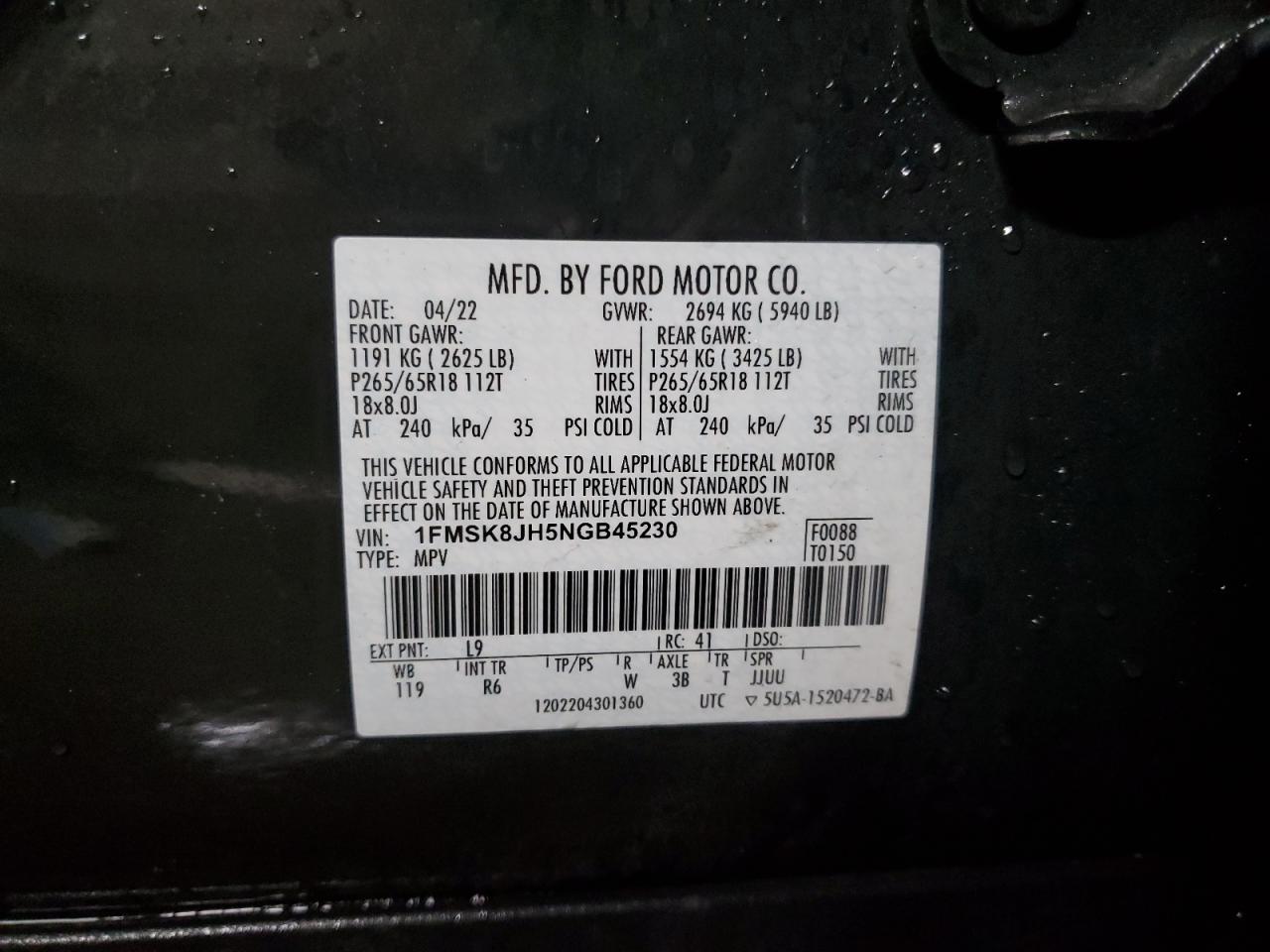 1FMSK8JH5NGB45230 FORD EXPLORER 2022