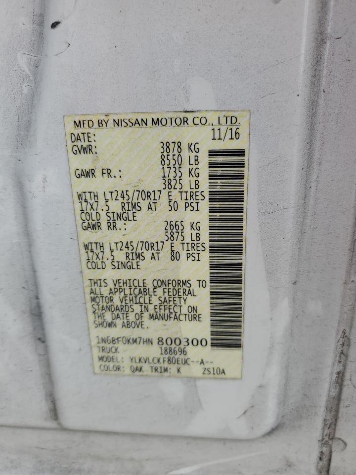 2017 Nissan Nv 1500 S VIN: 1N6BF0KM7HN800300 Lot: 44108915
