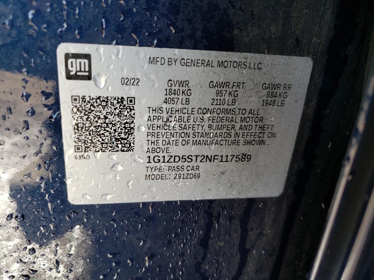 1G1ZD5ST2NF117589 CHEVROLET MALIBU 2022