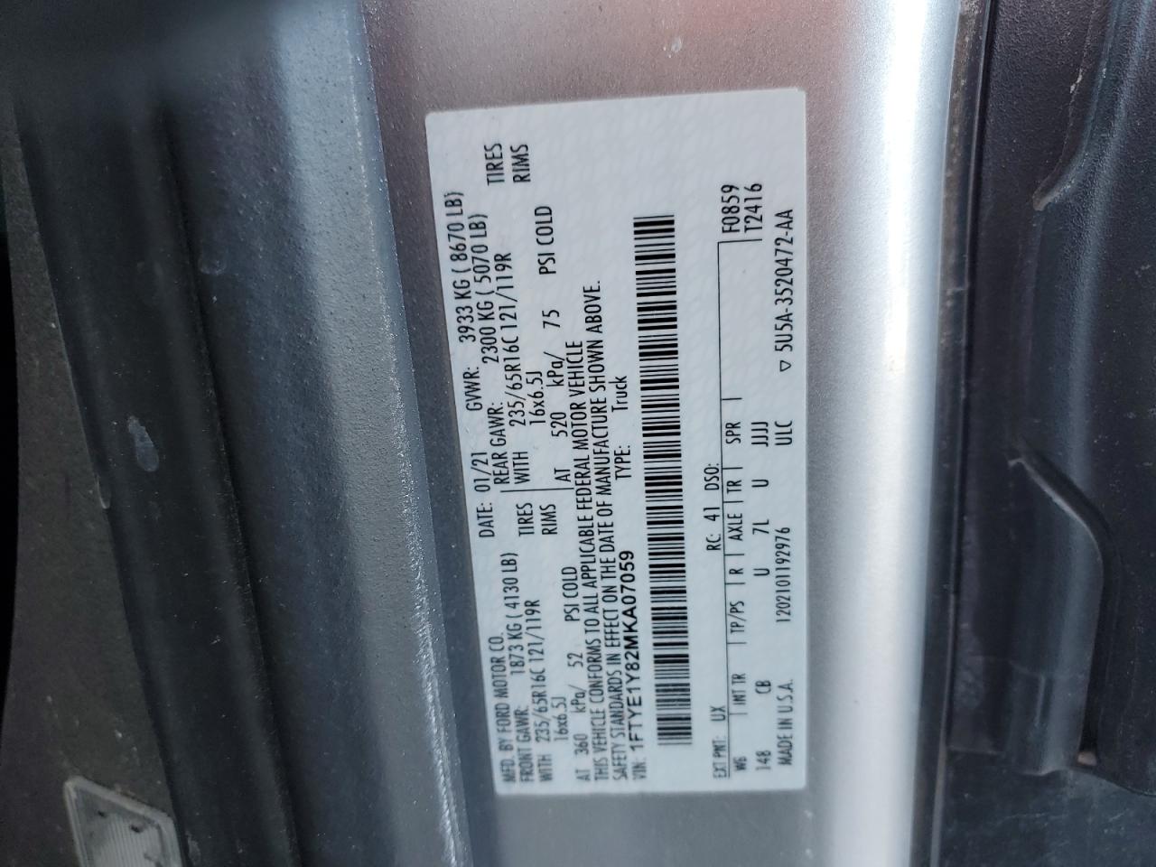 1FTYE1Y82MKA07059 FORD TRANSIT 2021