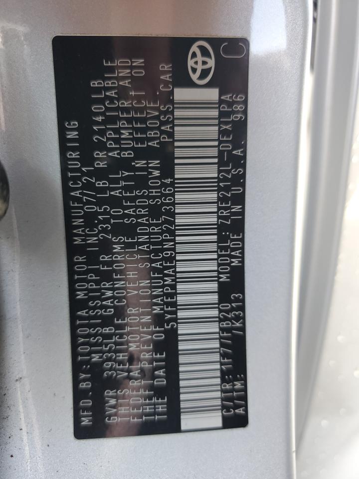 5YFEPMAE9NP273664 TOYOTA COROLLA 2022