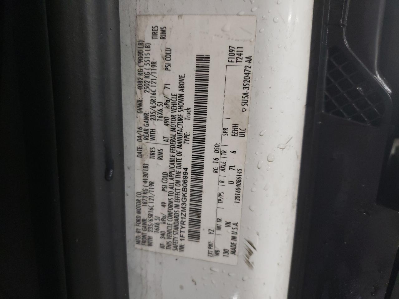 1FTYR1ZM3GKB06994 FORD TRANSIT 2016