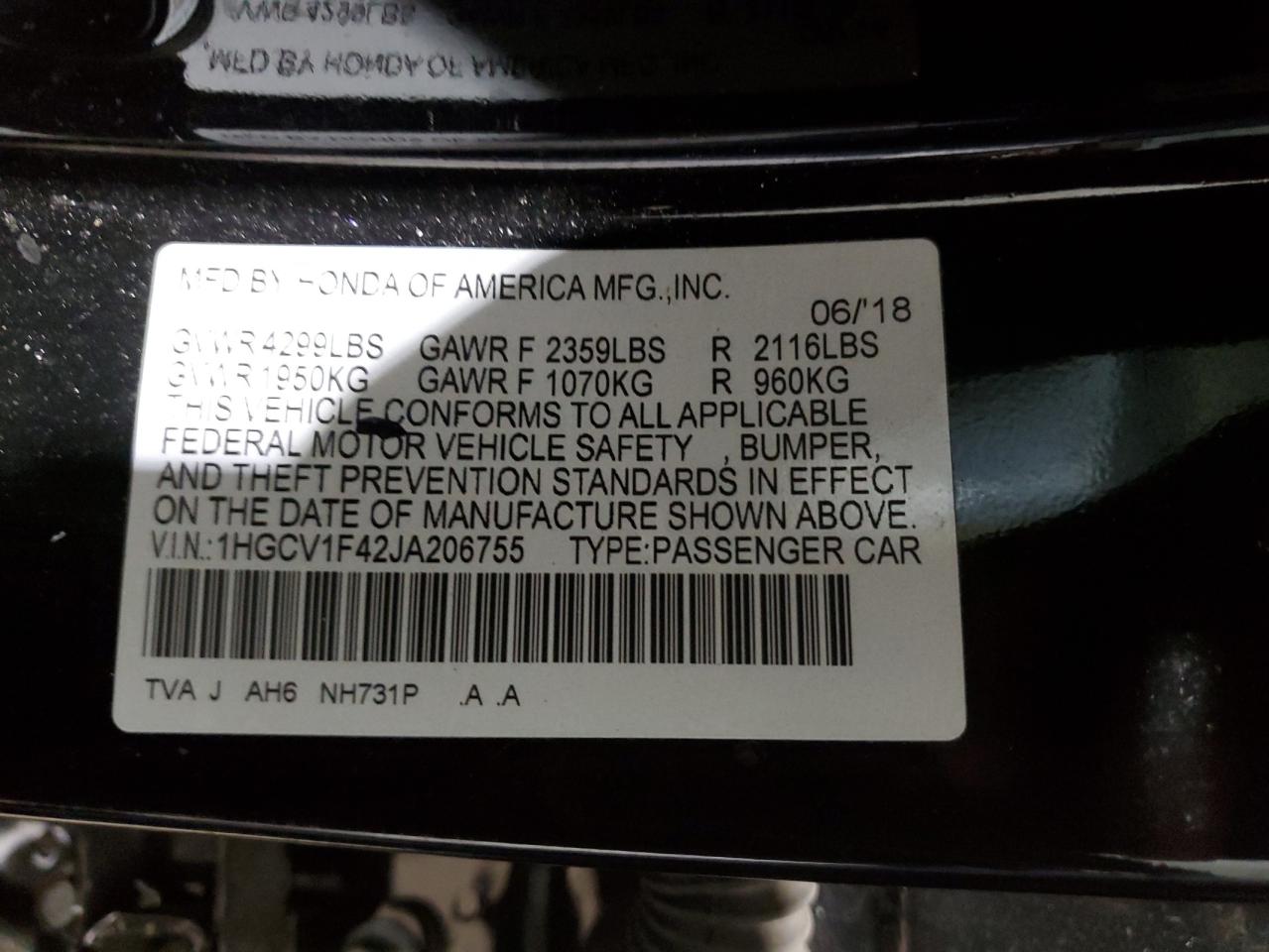 1HGCV1F42JA206755 HONDA ACCORD 2018