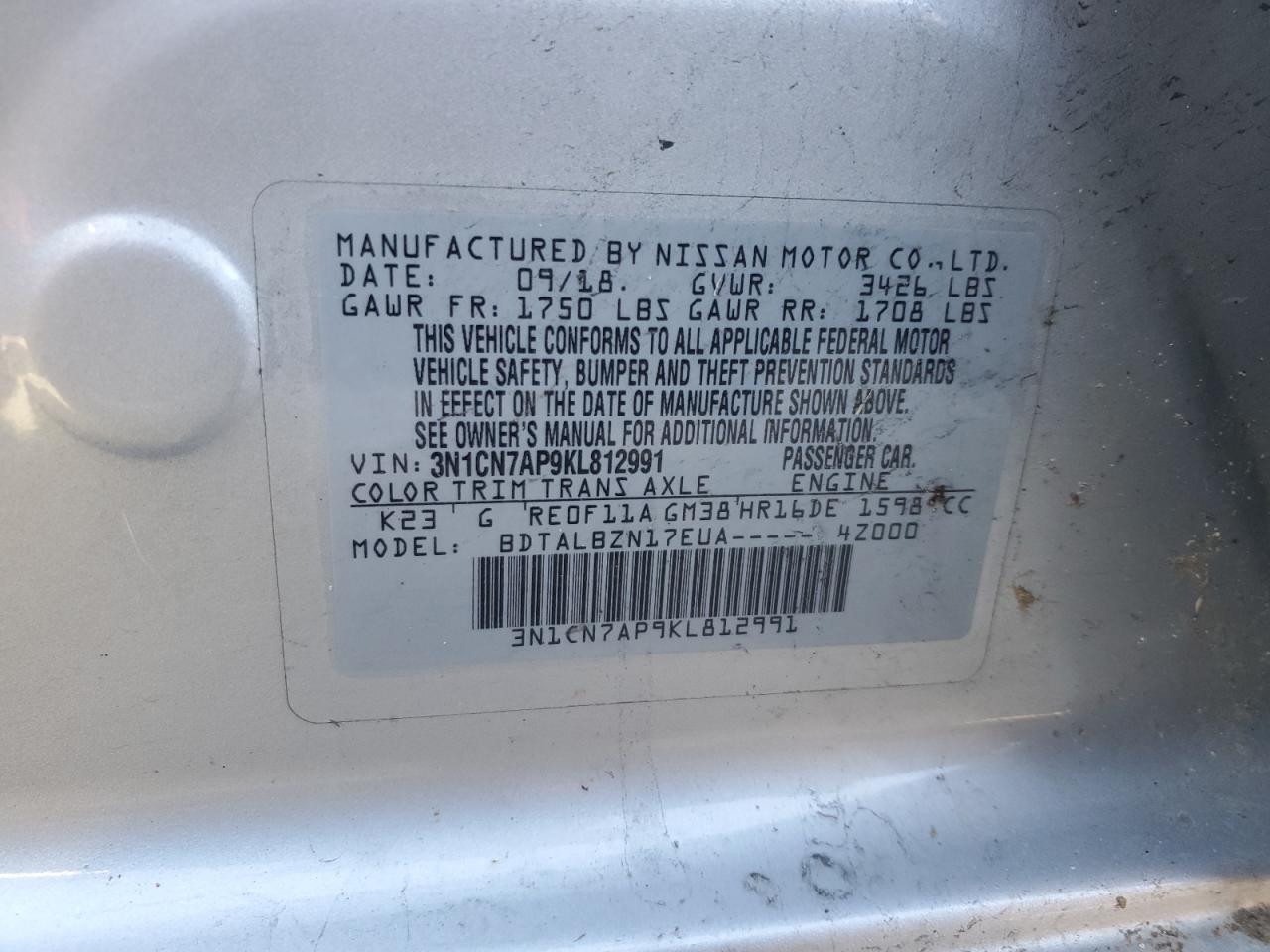3N1CN7AP9KL812991 NISSAN VERSA 2019