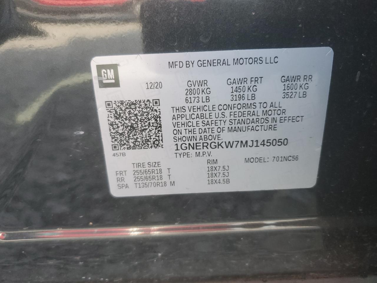 1GNERGKW7MJ145050 CHEVROLET TRAVERSE 2021