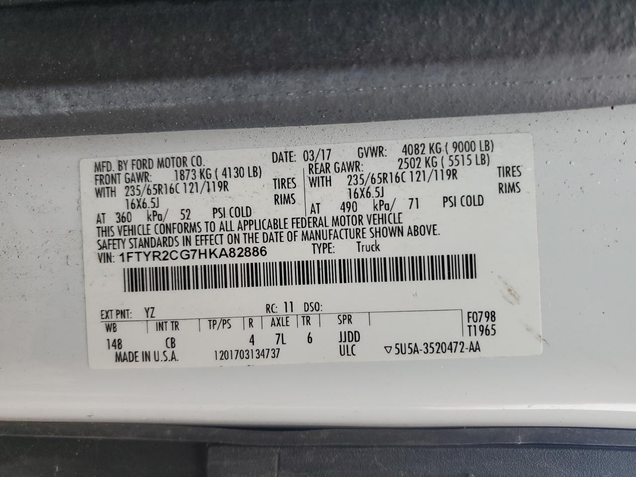 1FTYR2CG7HKA82886 FORD TRANSIT 2017