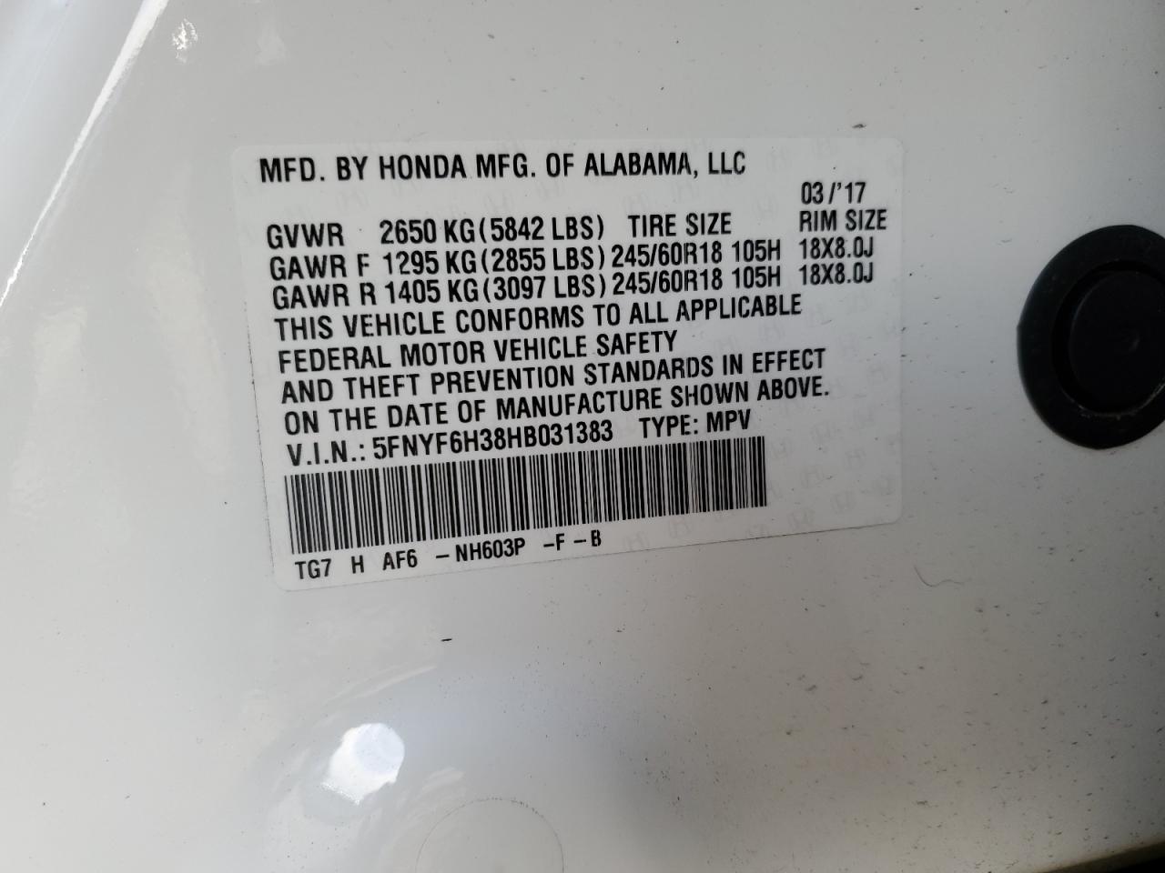 5FNYF6H38HB031383 HONDA PILOT 2017