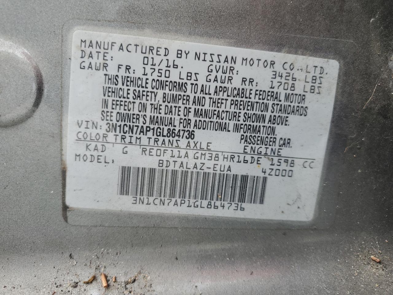3N1CN7AP1GL864736 NISSAN VERSA 2016