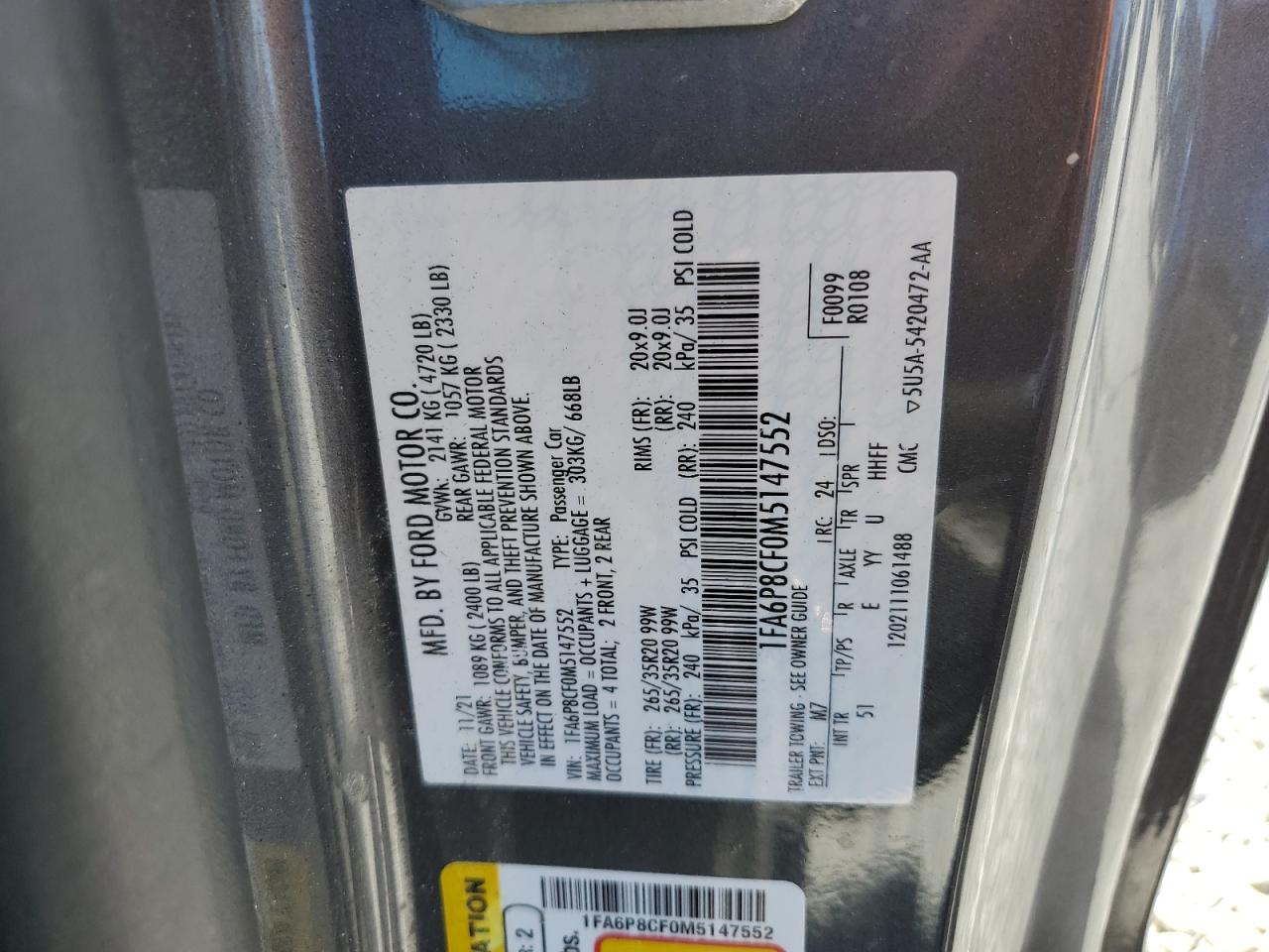 1FA6P8CF0M5147552 FORD MUSTANG 2021