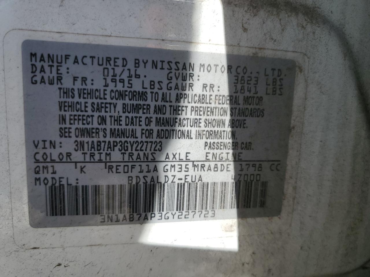 3N1AB7AP3GY227723 NISSAN SENTRA 2016