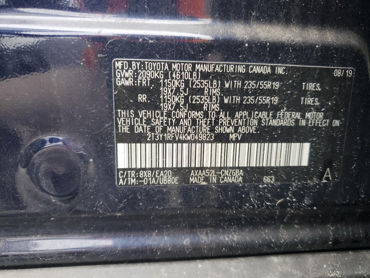 2T3Y1RFV4KW049823 TOYOTA RAV4 2019