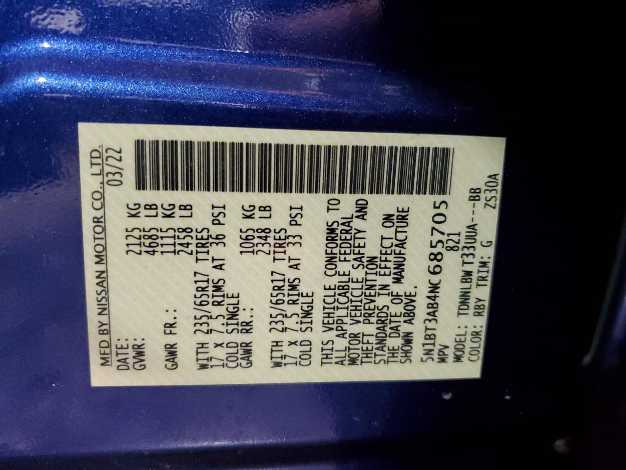 5N1BT3AB4NC685705 NISSAN ROGUE 2022