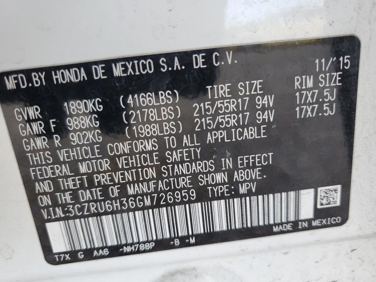 3CZRU6H36GM726959 HONDA HR-V 2016