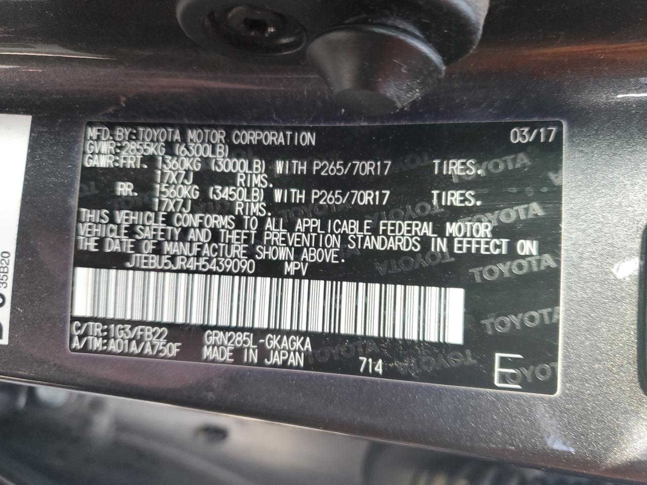JTEBU5JR4H5439090 TOYOTA 4RUNNER 2017