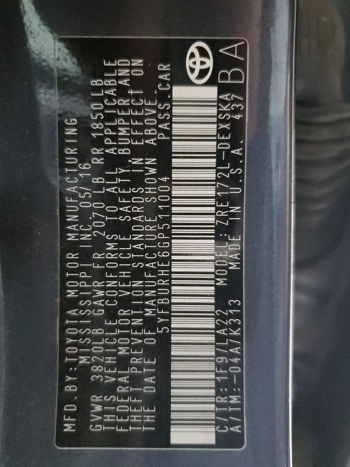 5YFBURHE6GP511004 TOYOTA COROLLA 2016