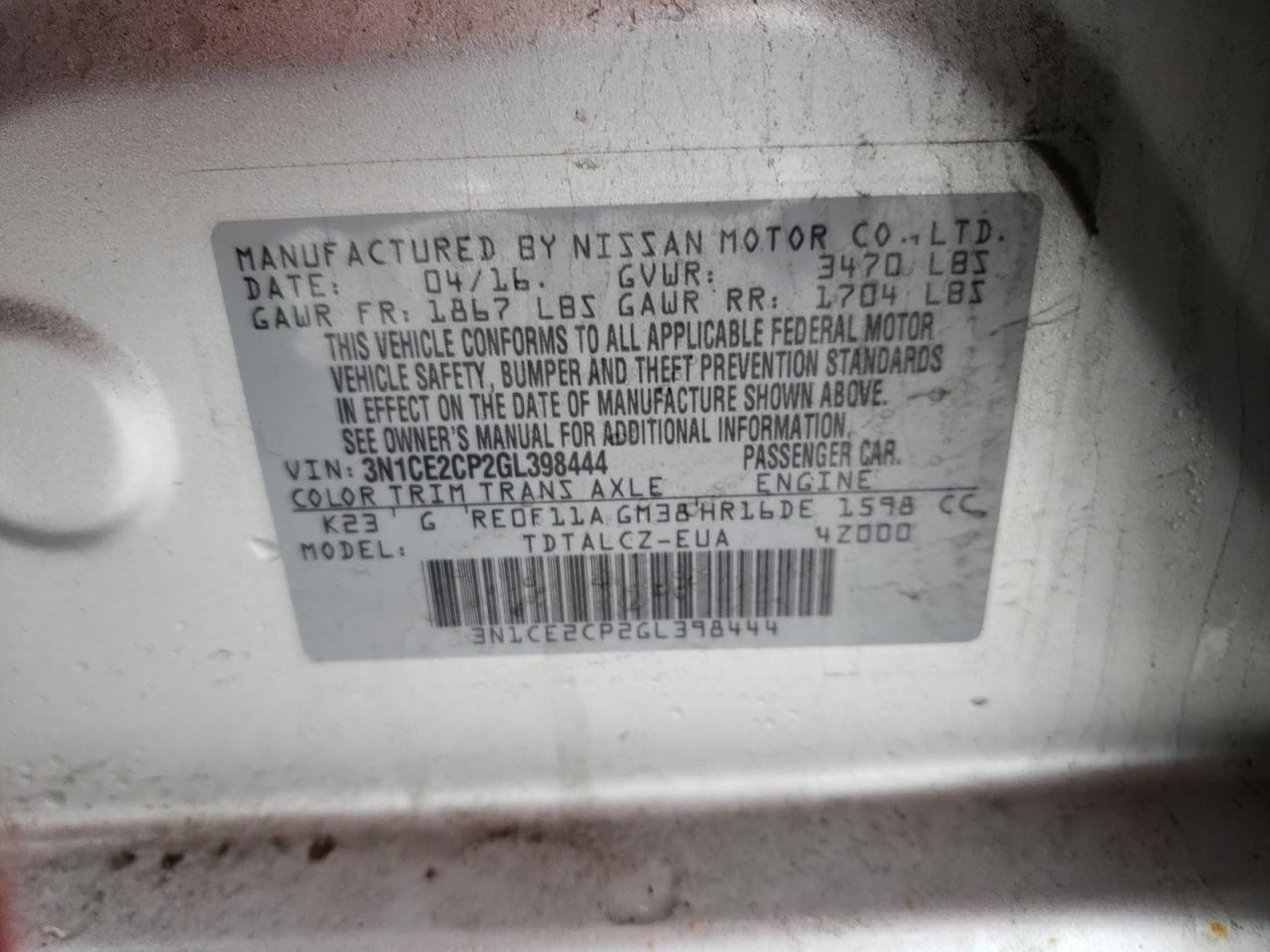 3N1CE2CP2GL398444 NISSAN VERSA 2016