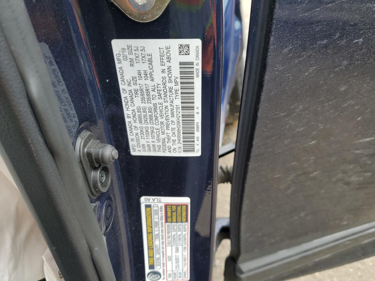 2HKRW6H3XKH212191 HONDA CRV 2019