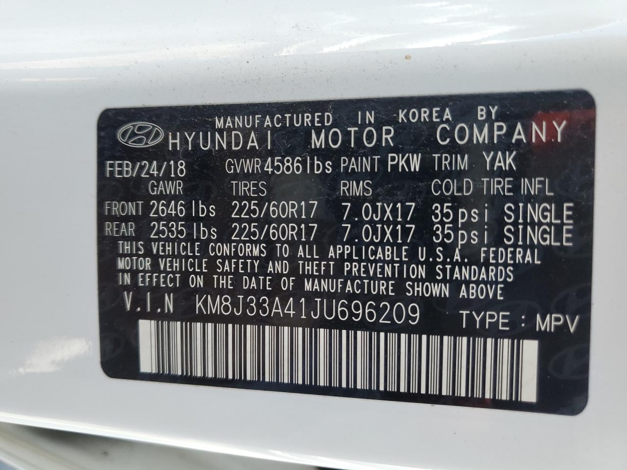 KM8J33A41JU696209 HYUNDAI TUCSON 2018