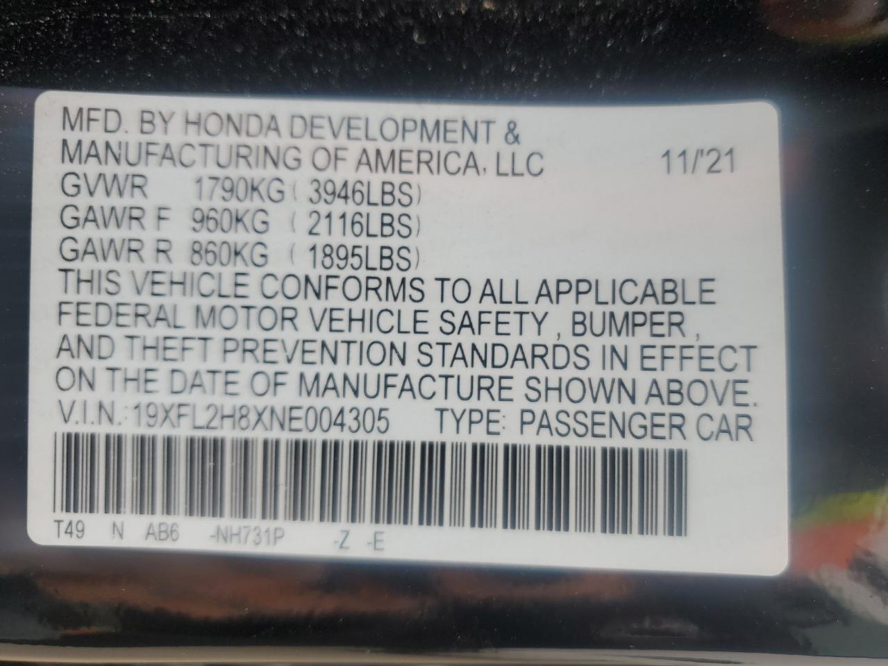 19XFL2H8XNE004305 HONDA CIVIC 2022